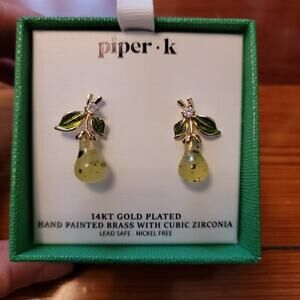 Piper K 14 KT Gold Plated Green Pear Earrings NIB
